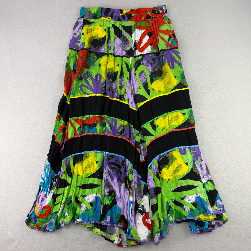 VTG 90s Multiples Abstract Floral Maxi Skirt Womens M Multicolor Boho Rayon Art